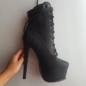 Black Faux leather 7 inch heel tie up Boot gold