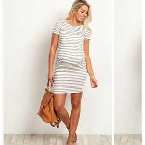 Short grey and ivory striped maternity dress