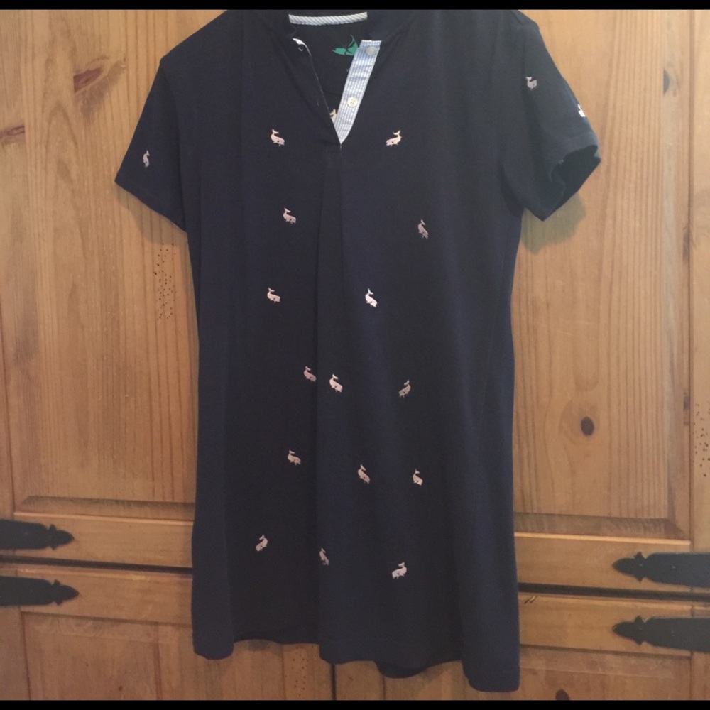 Castaway dress navy with pink embroidered whales