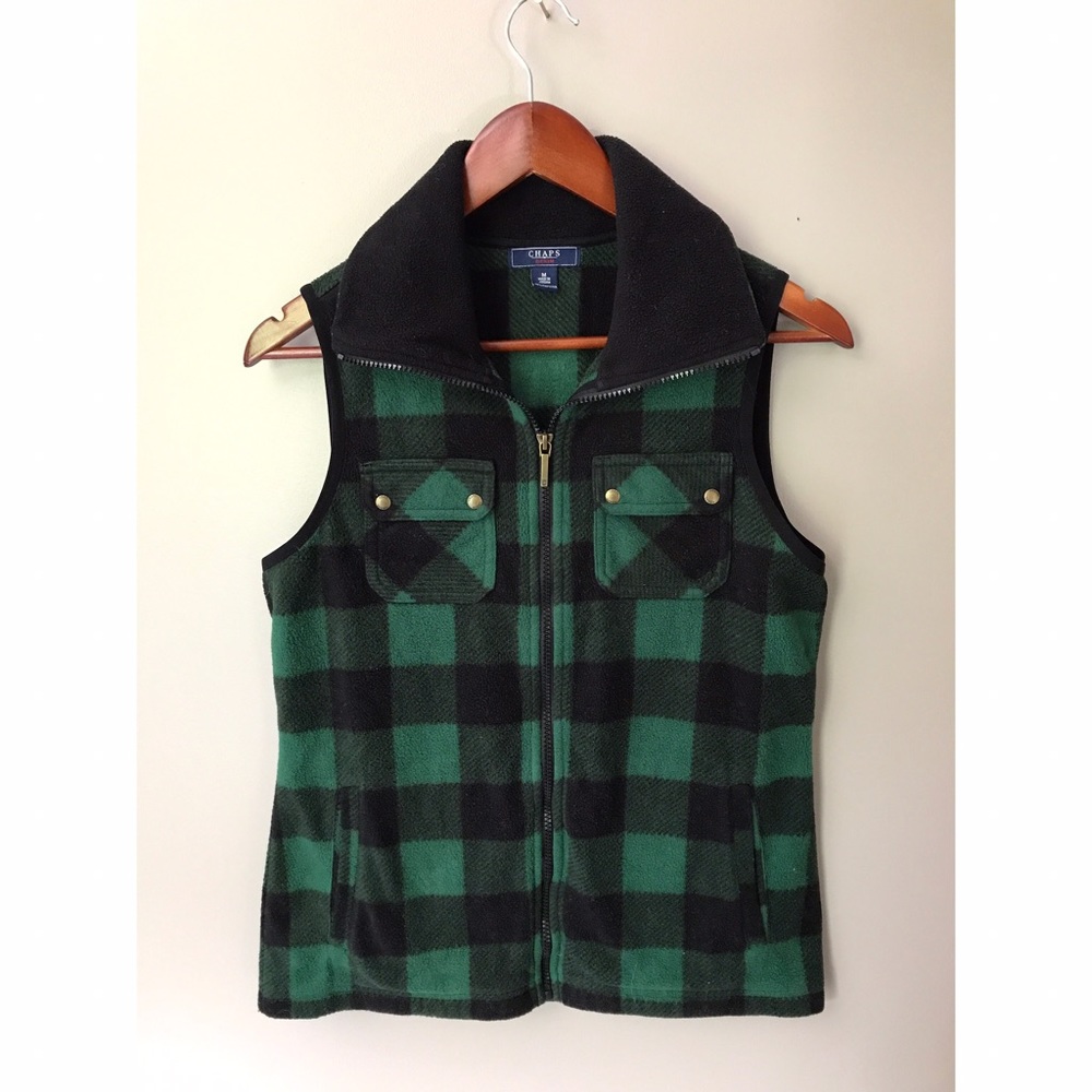 *Chaps* green and black plaid zip up vest