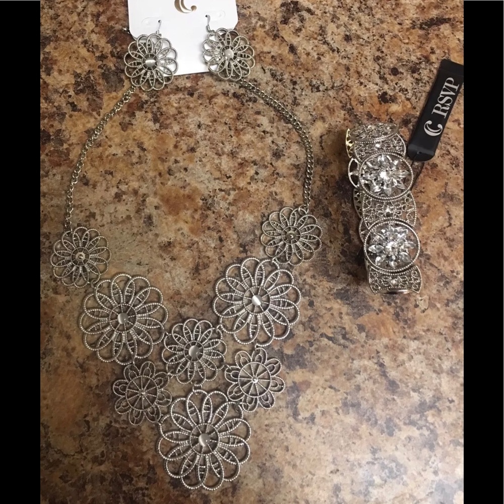 Silver Matching Necklace, Earrings, and Bracelet