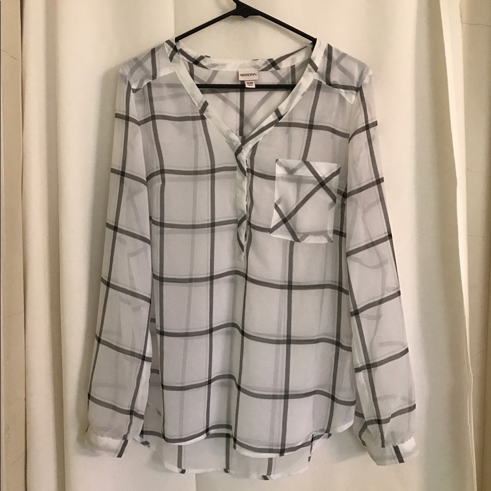 Sheer White and Black Plaid Blouse