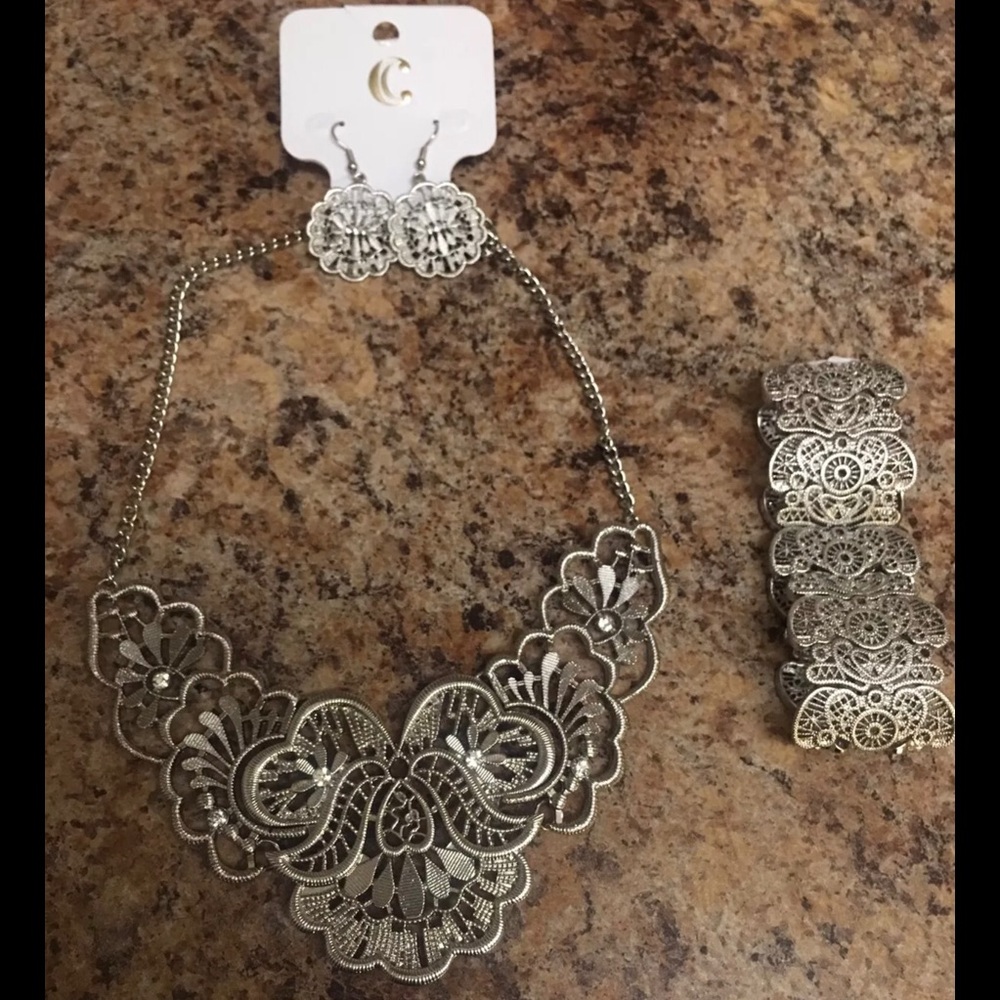 Silver Necklace, Earrings, and Bracelet Set