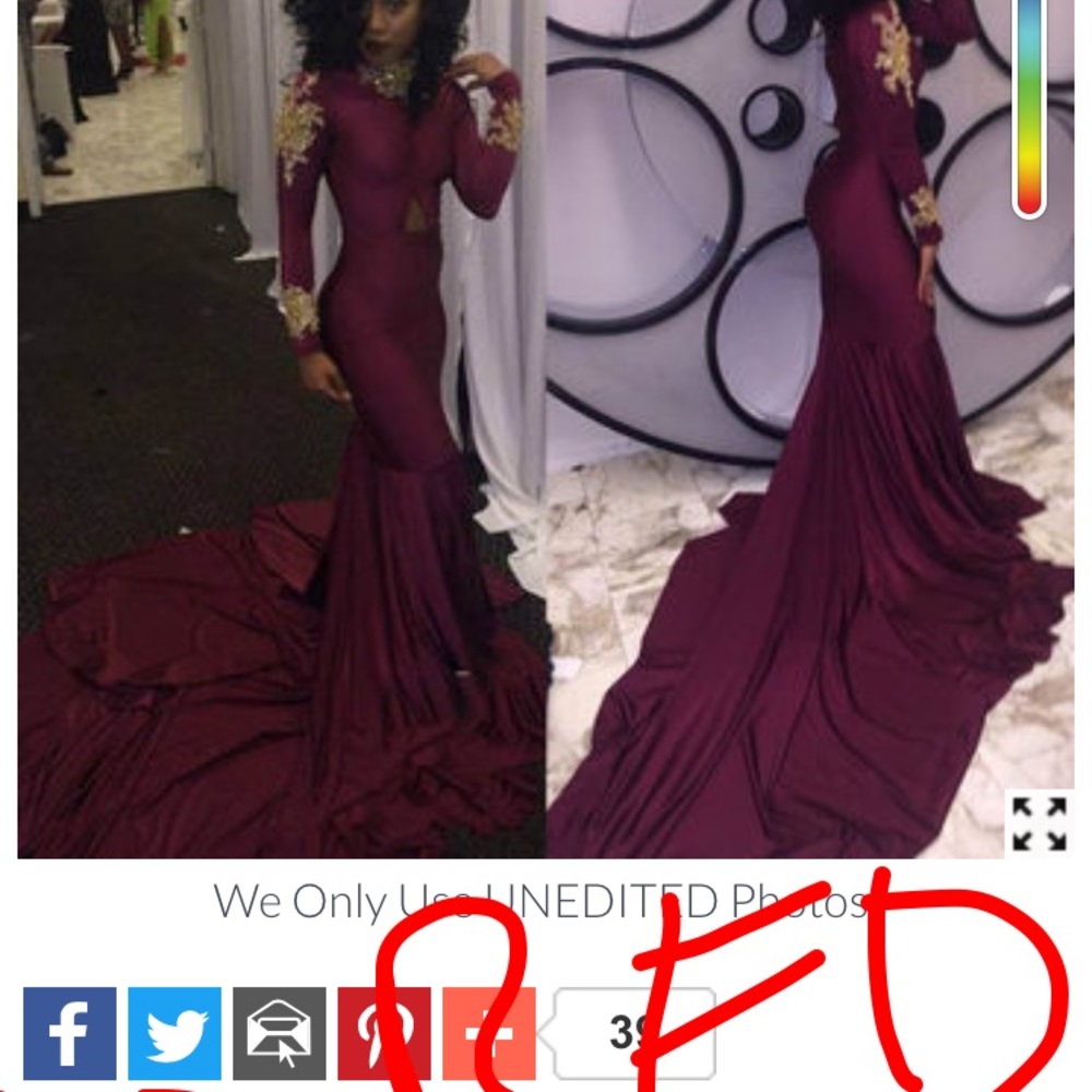 Red High neck dress w/ long train