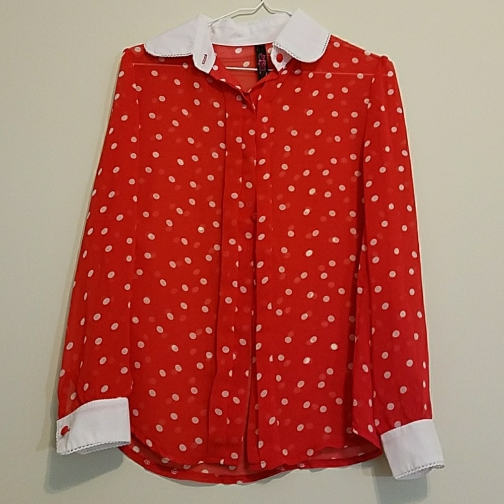 Red and White Polka dots Sheer Shirt.