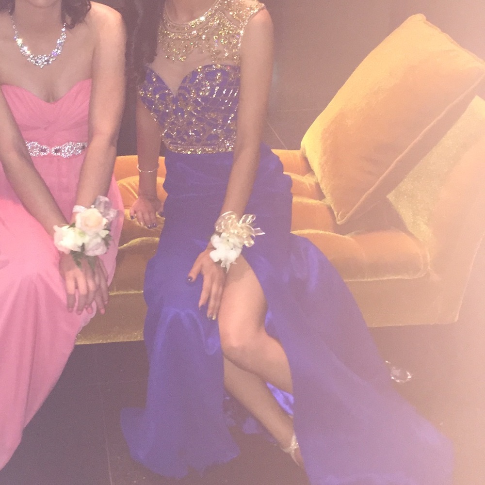 XS BLUE GOLD PROM DRESS LOW BACK LEG SLIT