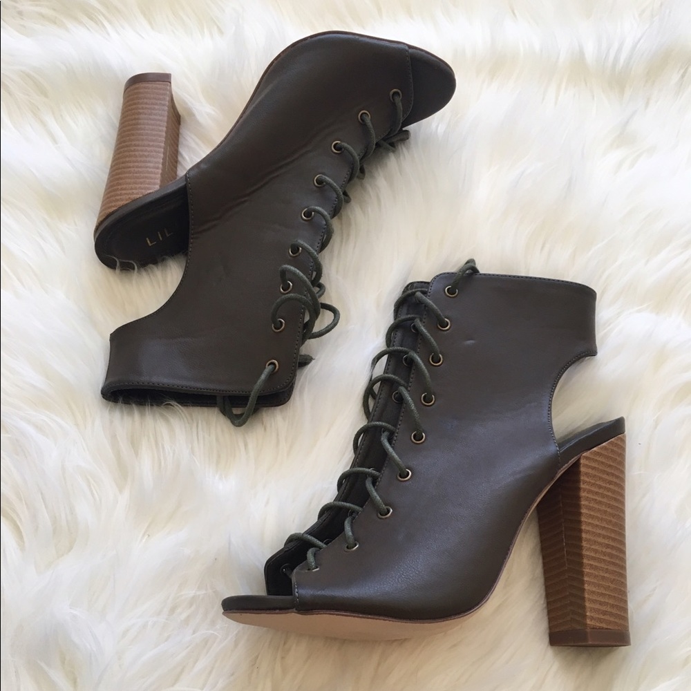 Liliana Olive peep toe lace up booties