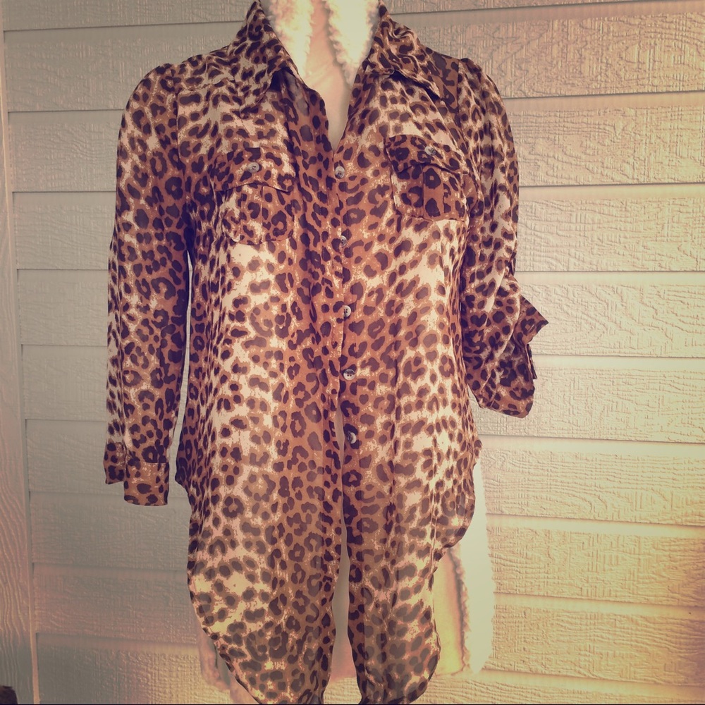 mine Leopard print sheer button up asymmetrical