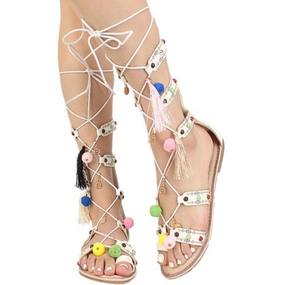 POM POM LACE UP GLADIATOR SANDAL WHITE - Picture 1 of 4