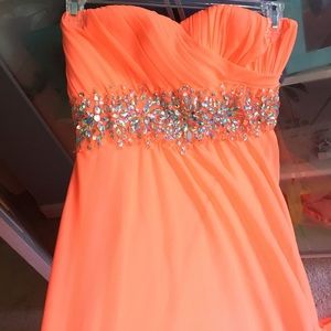 Neon Orange Bedazzled Empire Waist Prom Dress