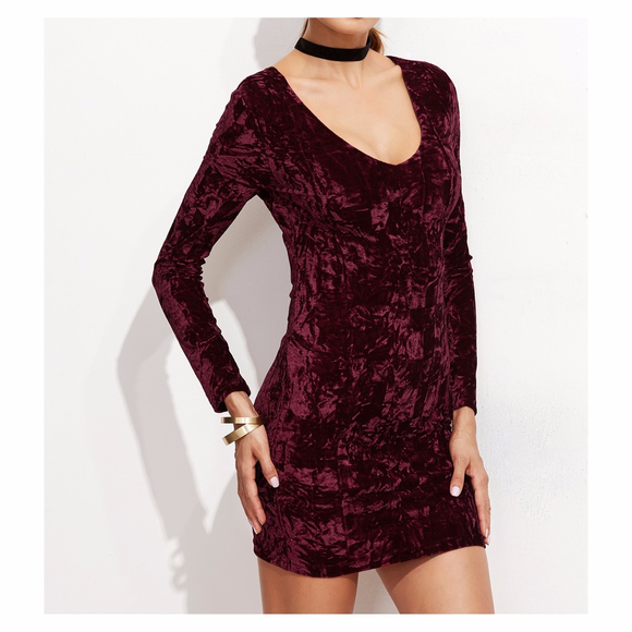 ^ Burgundy Lace Up Back Bodycon Velvet - Picture 2 of 7