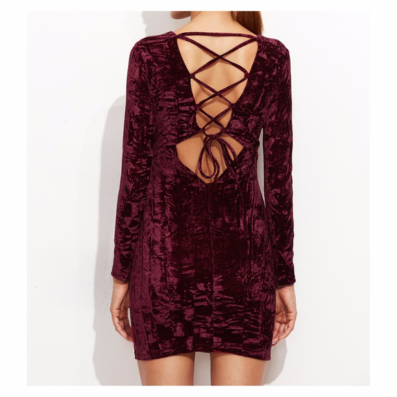 ^ Burgundy Lace Up Back Bodycon Velvet - Picture 4 of 7