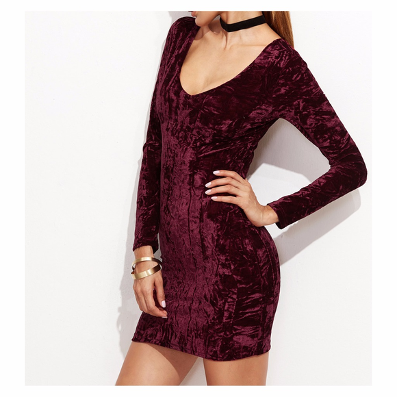 ^ Burgundy Lace Up Back Bodycon Velvet - Picture 3 of 7