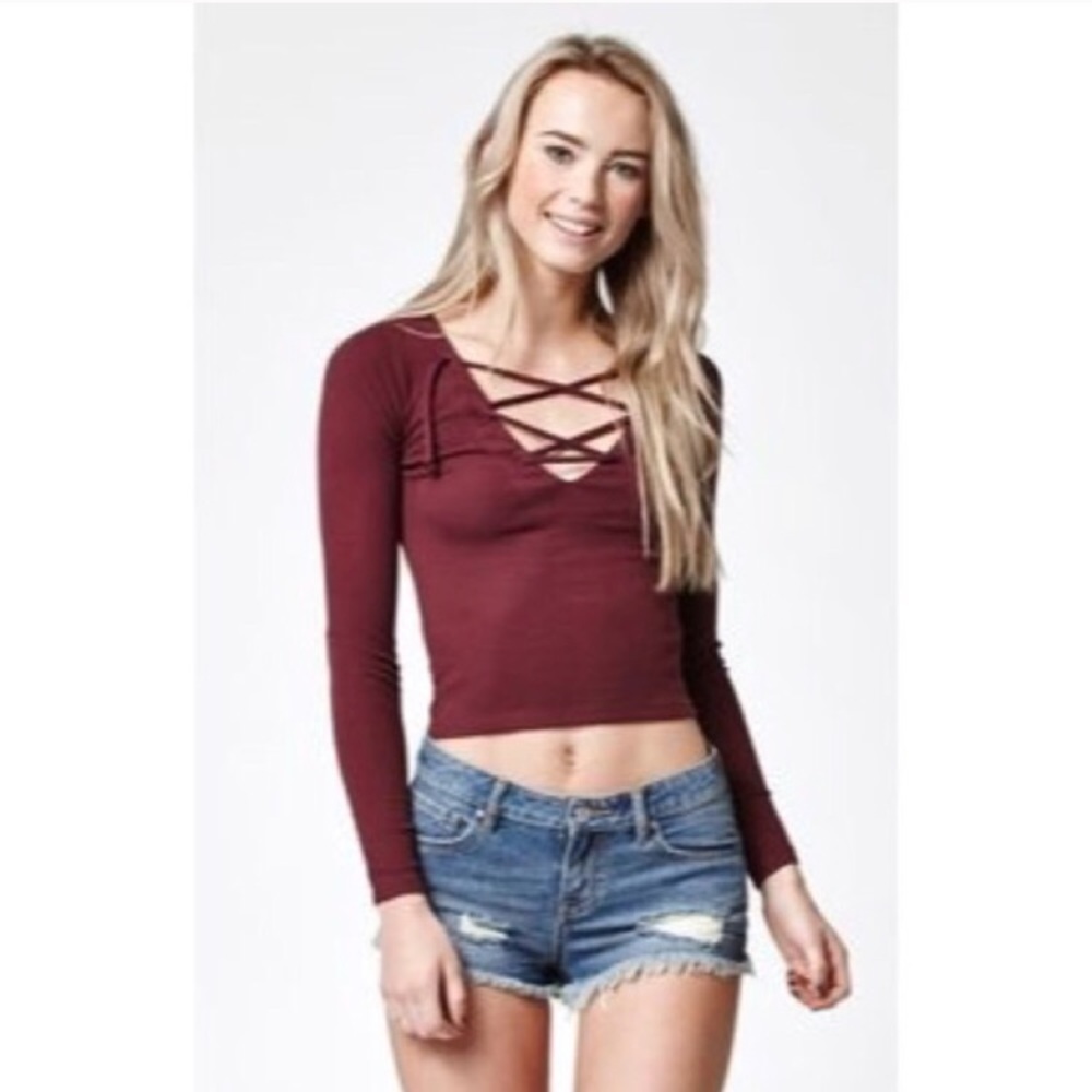 NWOT Burgundy Josephine Lace Up Top - Picture 3 of 3