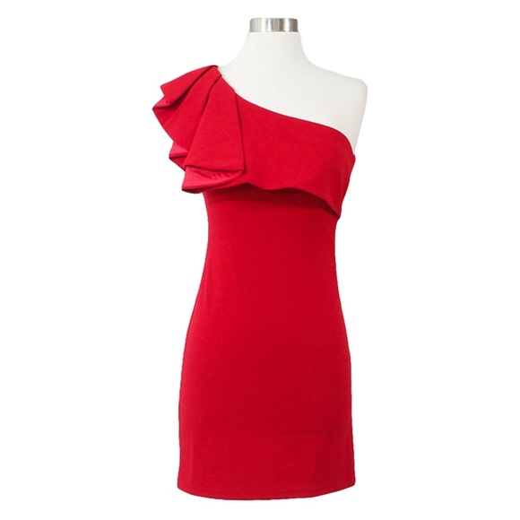 Red One Shoulder Ruffle Bodycon Dress - Picture 5 of 7