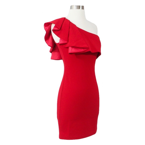 Red One Shoulder Ruffle Bodycon Dress - Picture 6 of 7