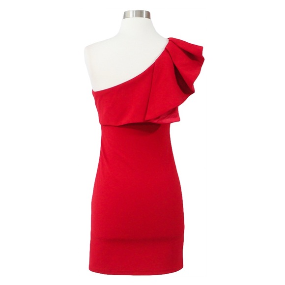 Red One Shoulder Ruffle Bodycon Dress - Picture 7 of 7