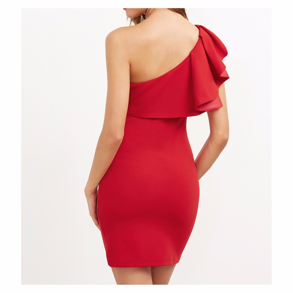 Red One Shoulder Ruffle Bodycon Dress - Picture 3 of 7