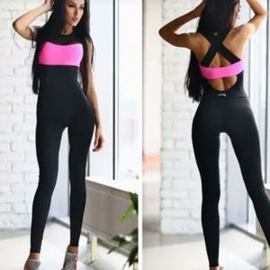 Pink workout jumpsuit fitness tights running