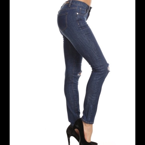 Dark Wash Distressed Denim Skinny Jeans - Picture 2 of 5