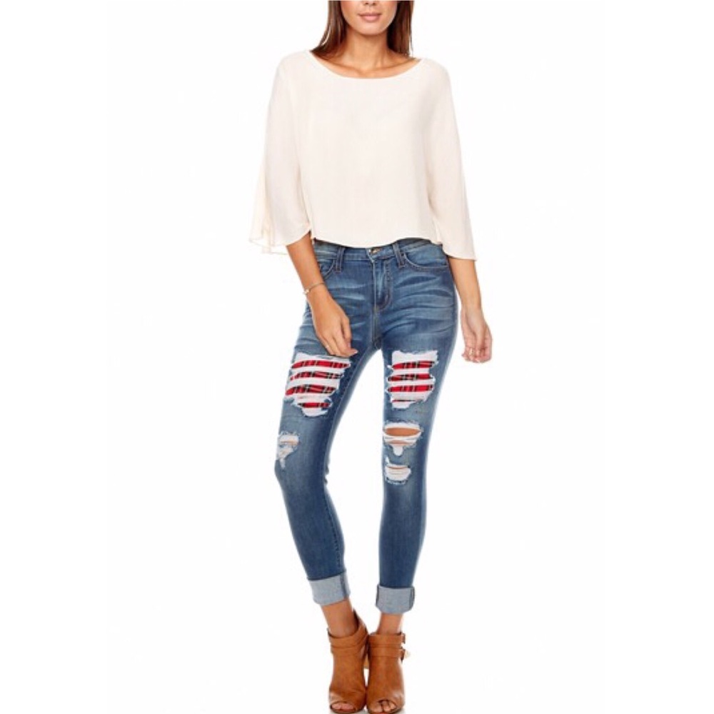 Plaid print patches jeans 👖
