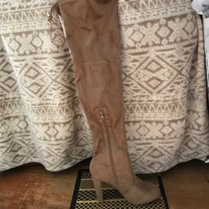Taupe Over-the-Knee Heeled Boots- Faux Suede