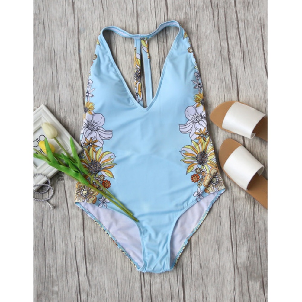 Blue Floral Plunge Neck One Piece Bathing Suit