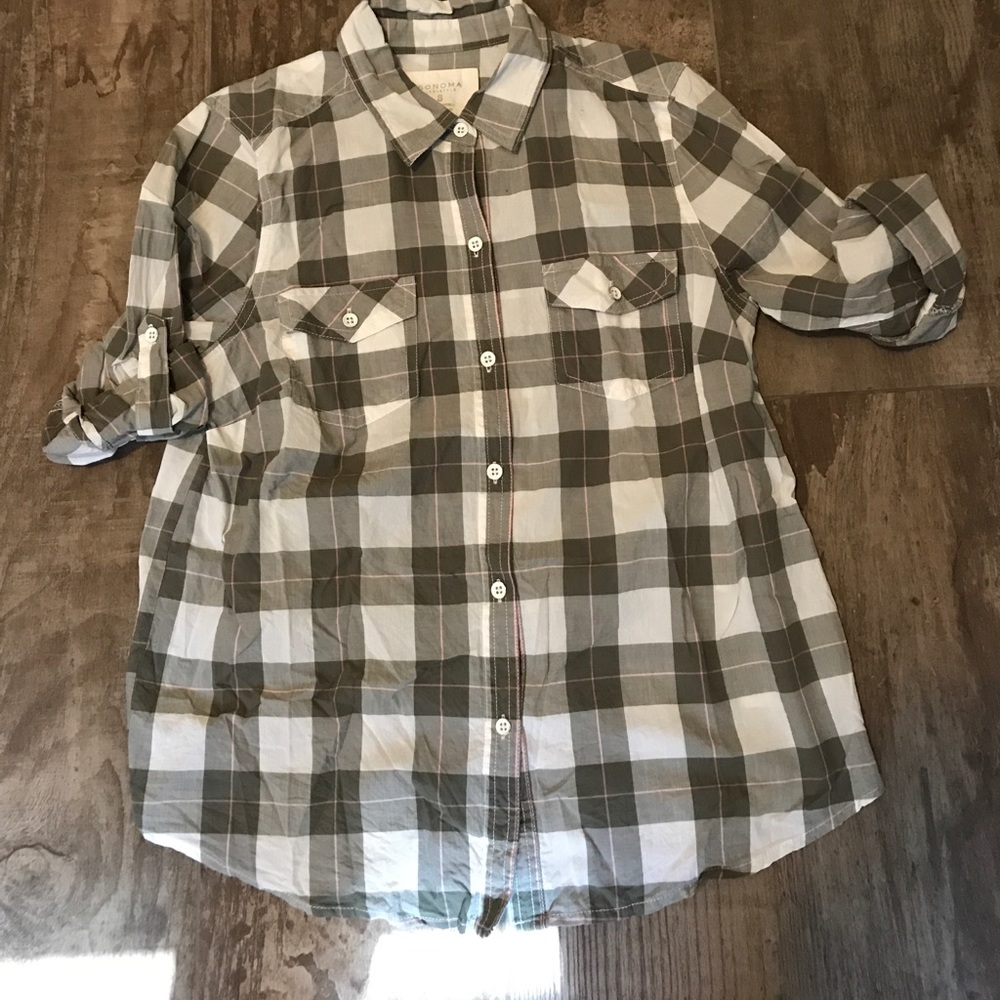 Plaid cotton elbow length or roll tab sleeves