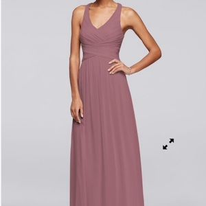"mesh long bridesmaid dress with crisscross back"