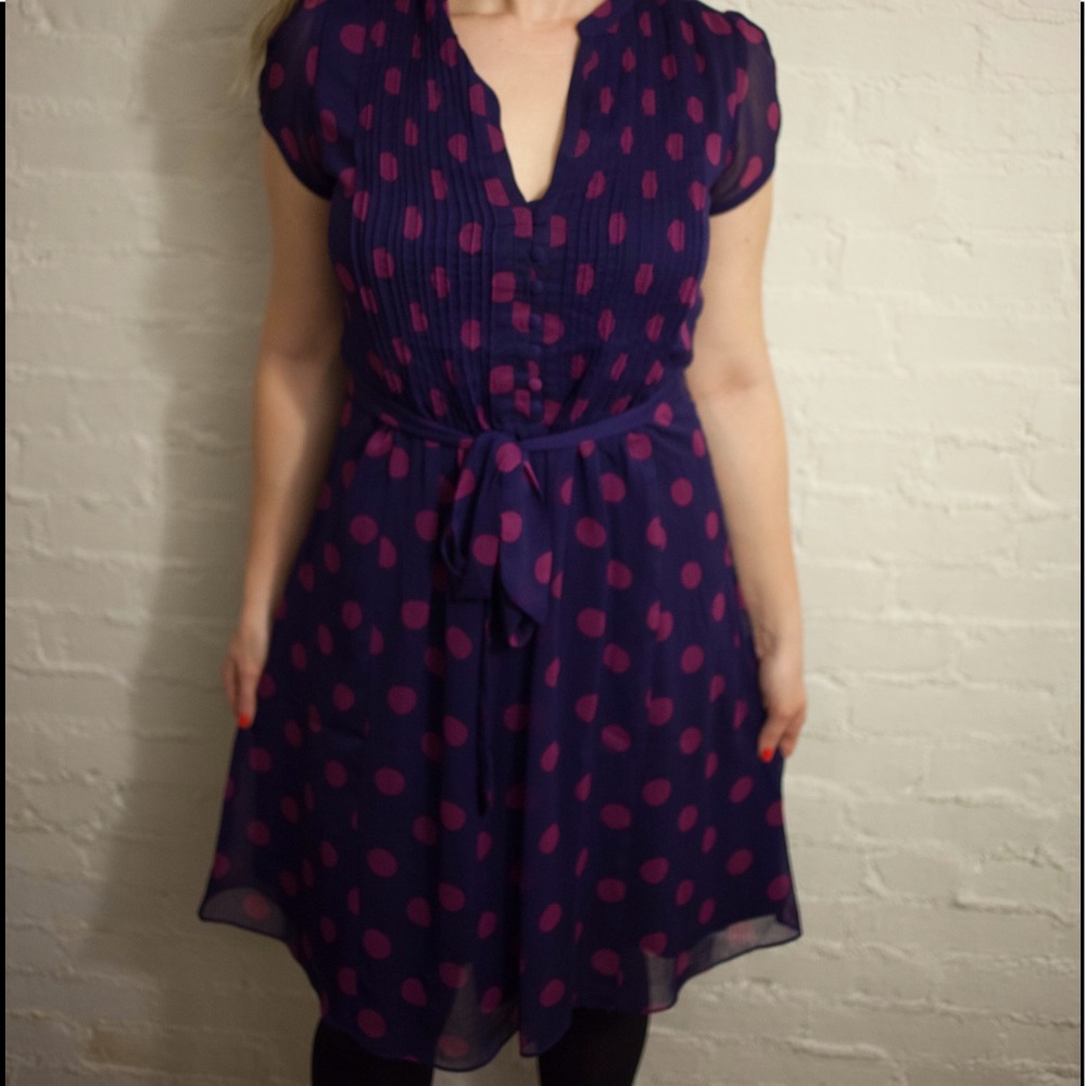ModCloth MSK navy dress with maroon polka dots