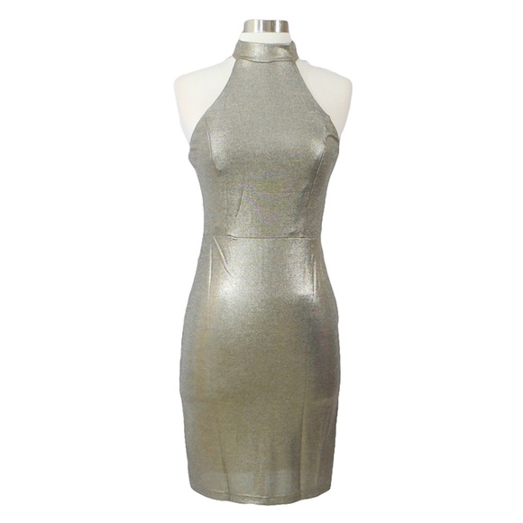 Gold Metallic Halter Bodycon Dress - Picture 5 of 7