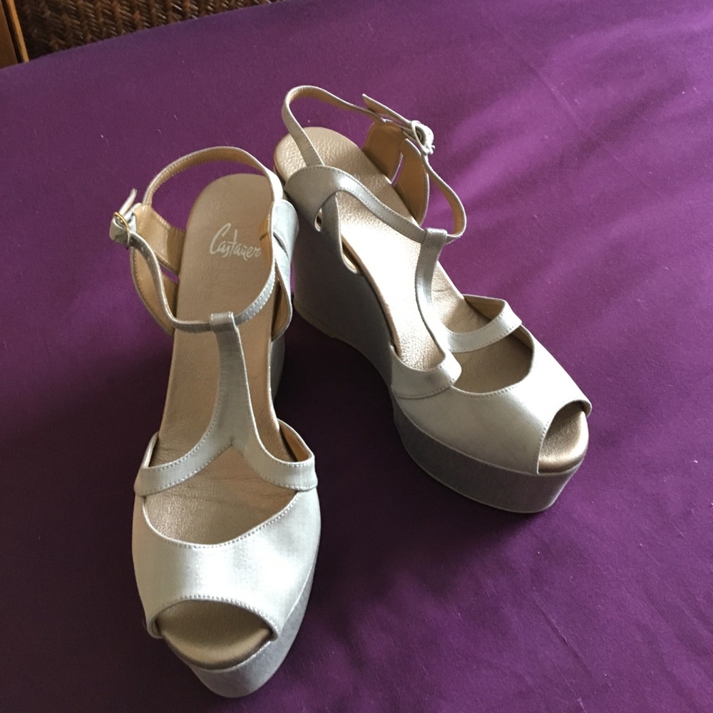 Castaner Silver Satin Wedges NWOT