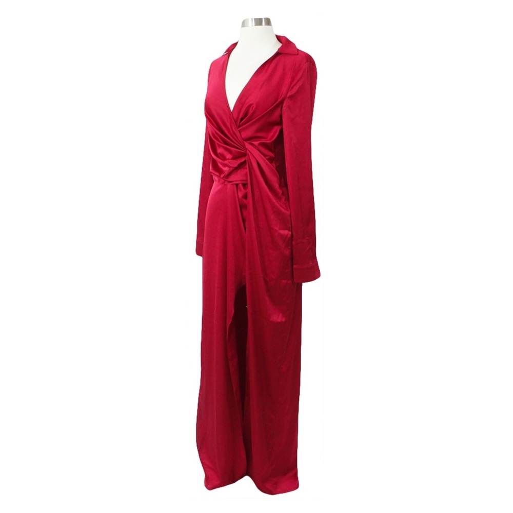 ❗️Burgundy Red Deep V Front Twist Satin Dress - Picture 6 of 7