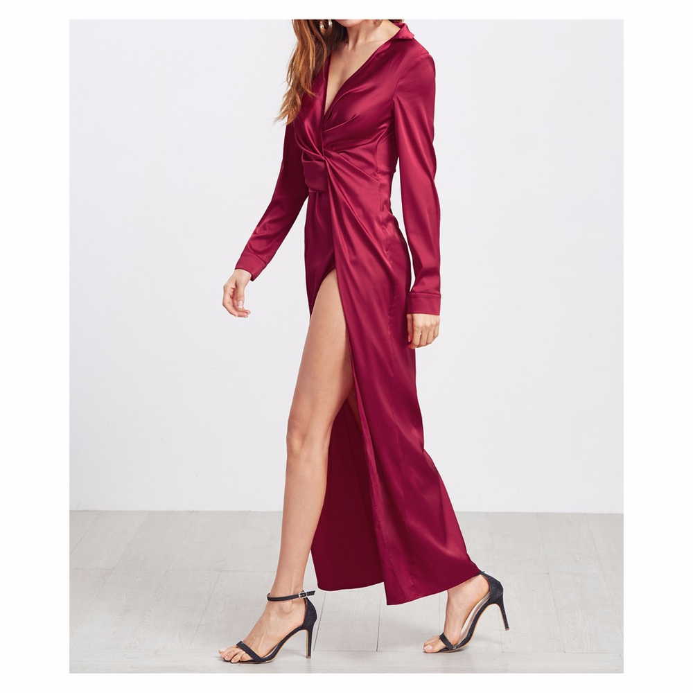 ❗️Burgundy Red Deep V Front Twist Satin Dress - Picture 2 of 7