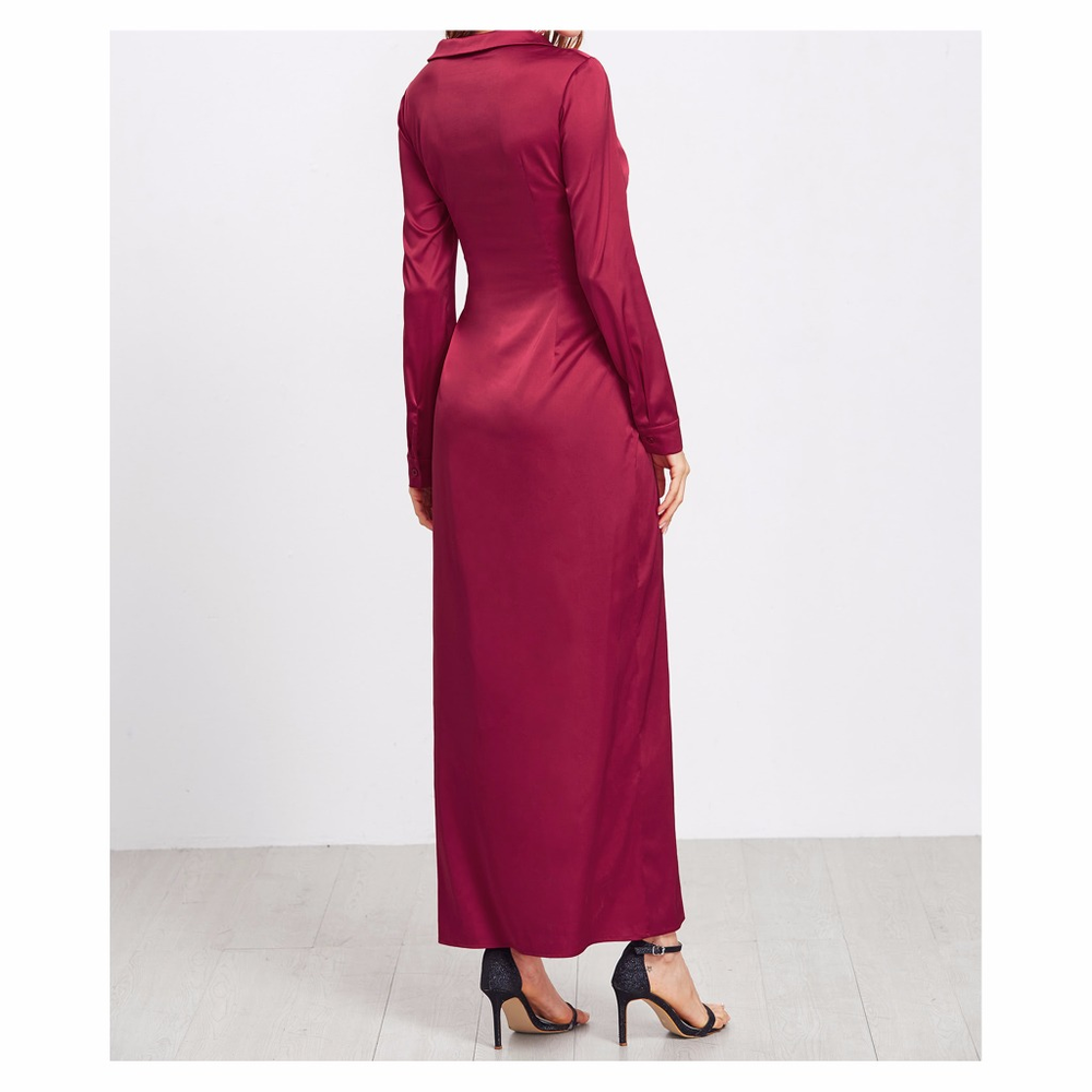 ❗️Burgundy Red Deep V Front Twist Satin Dress - Picture 4 of 7