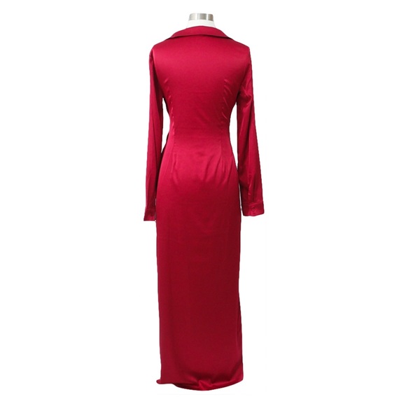 ❗️Burgundy Red Deep V Front Twist Satin Dress - Picture 7 of 7