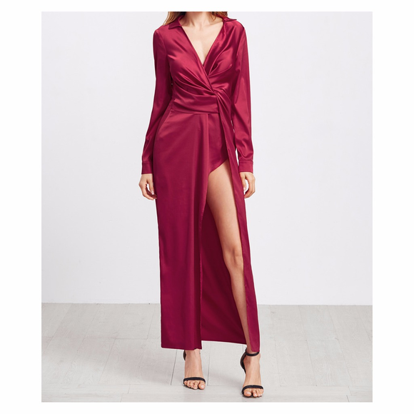 ❗️Burgundy Red Deep V Front Twist Satin Dress - Picture 3 of 7