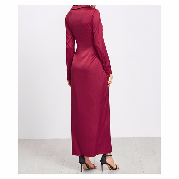 ❗️Burgundy Red Deep V Front Twist Satin Dress - Picture 4 of 7