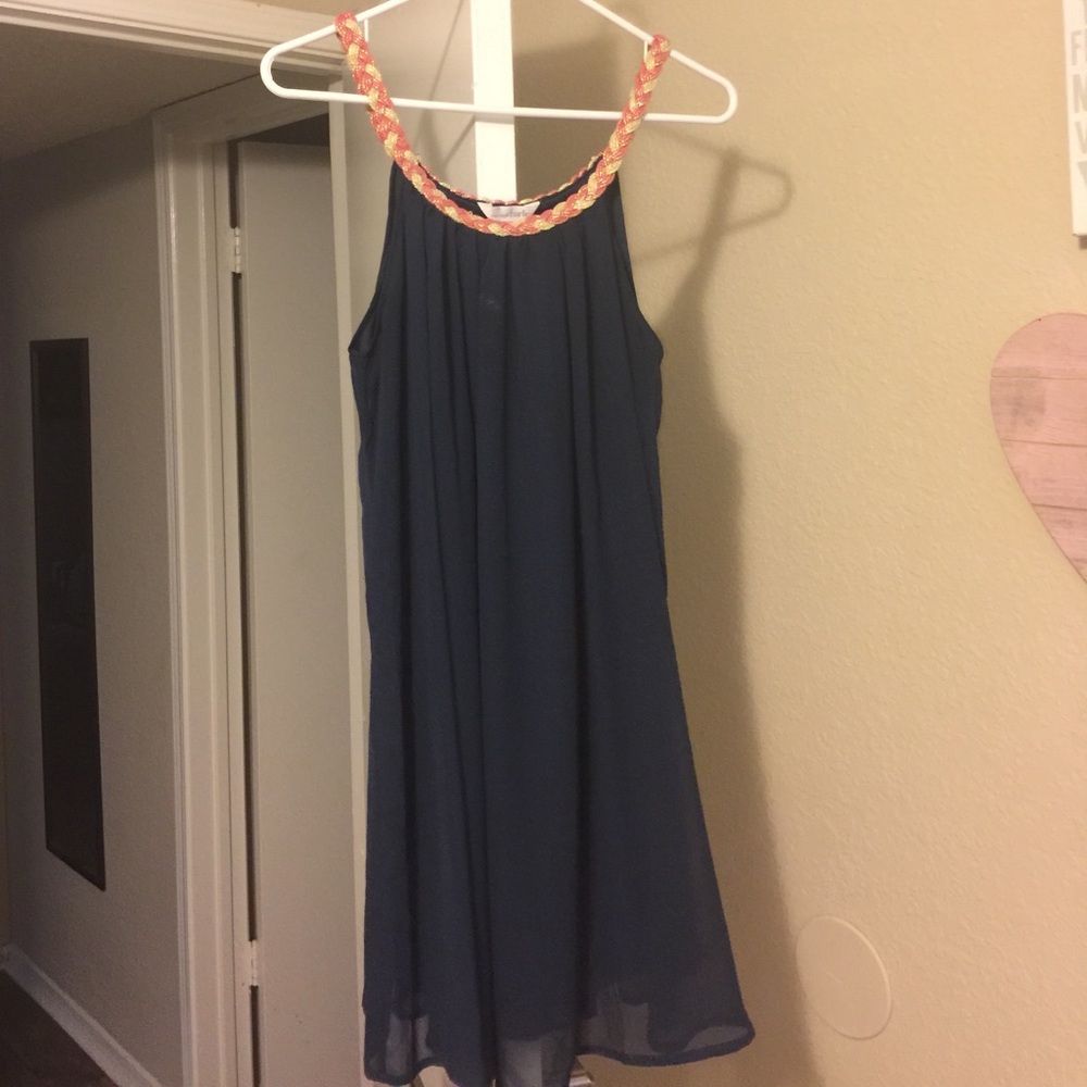 Navy dress with rope neckline