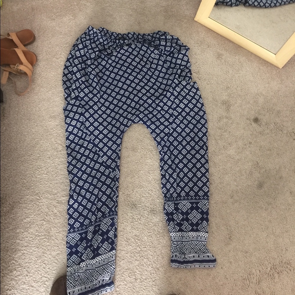 Blue and white drop crotch lounge pants