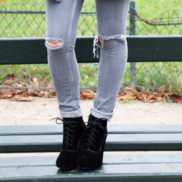 Black Suede Lace Up Lita High Heel Platform Boots - Picture 2 of 6