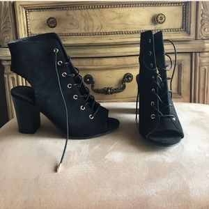 Charolette ruse black suede peep toe booties