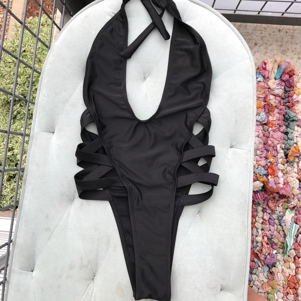 Sexy + strapped black monokini (one-piece)