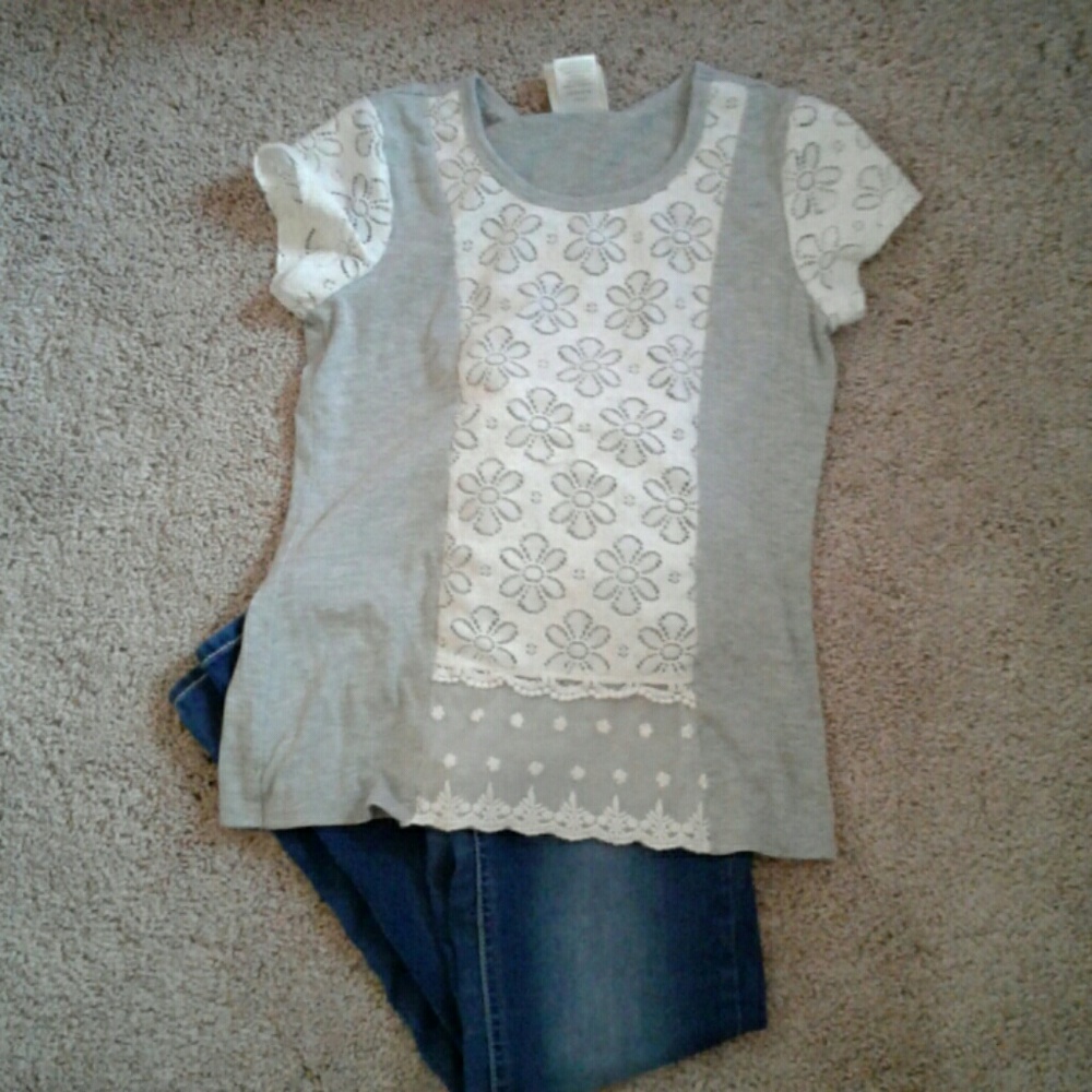Gray Top with White Lace