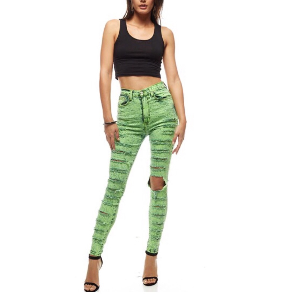 Neon green destroyed skinny jean