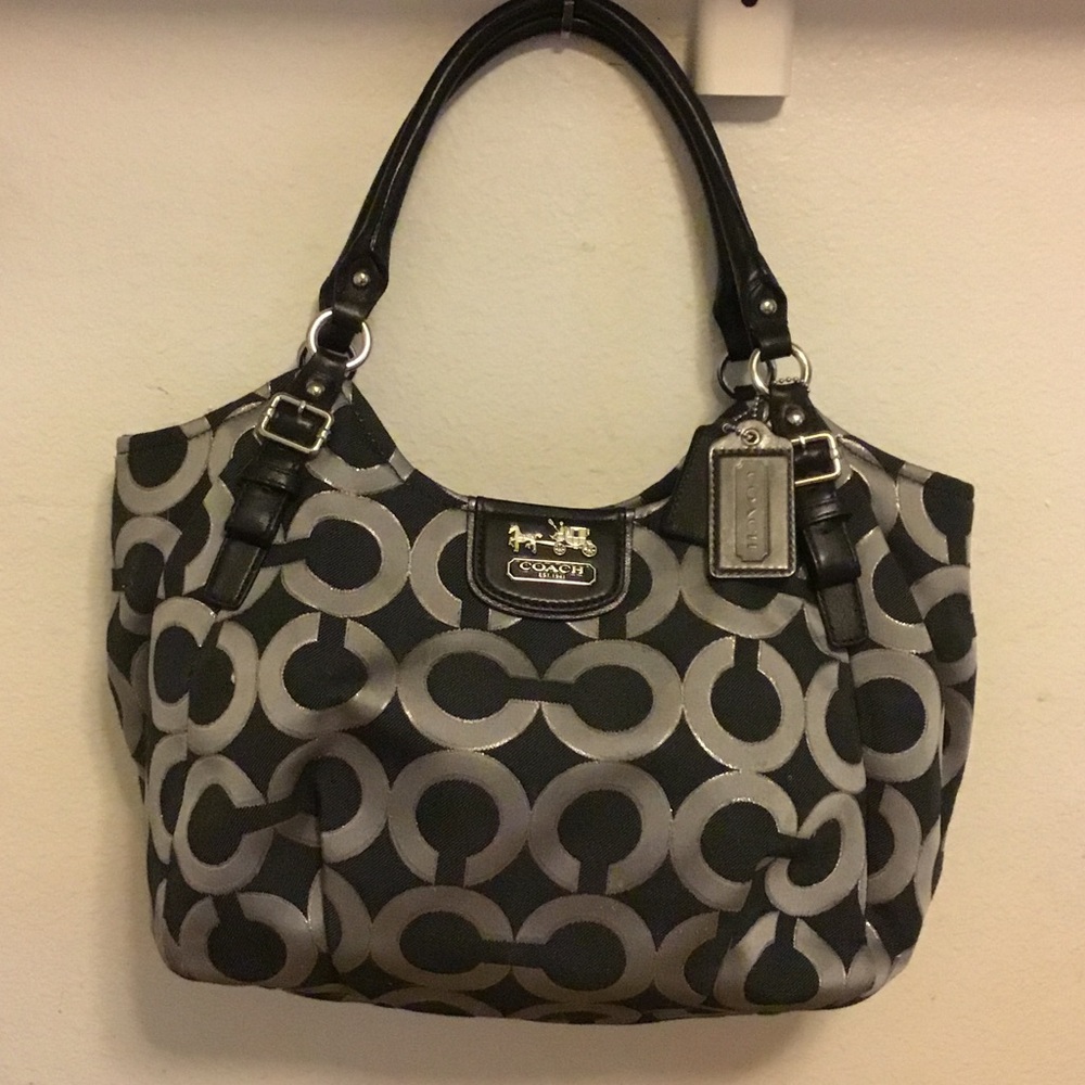 Coach Black and Silver Gramercy Patent Tote- Used