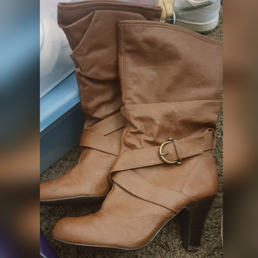 Brown Faux Leather Heeled Boots