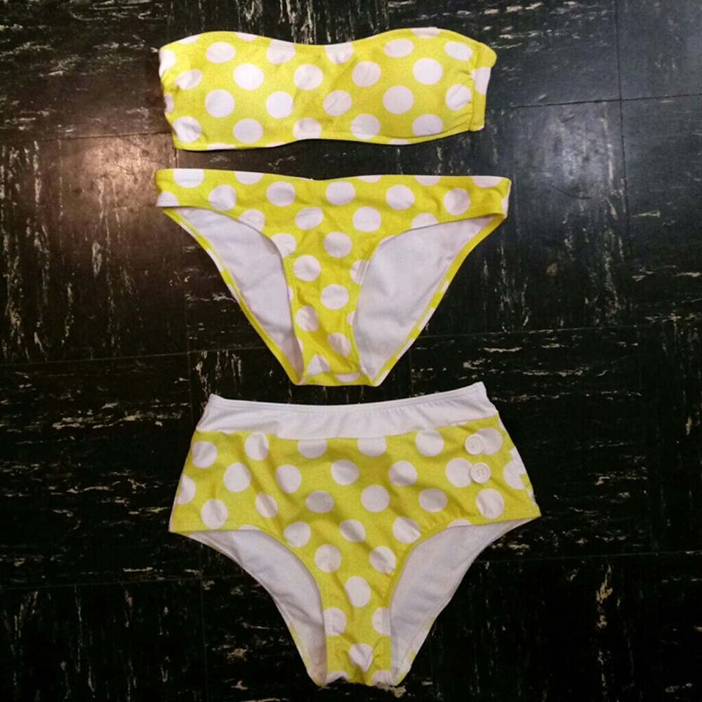 3 Piece yellow & white polka dot swim suit