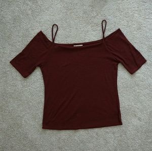 Maroon and black off shoulder shirt