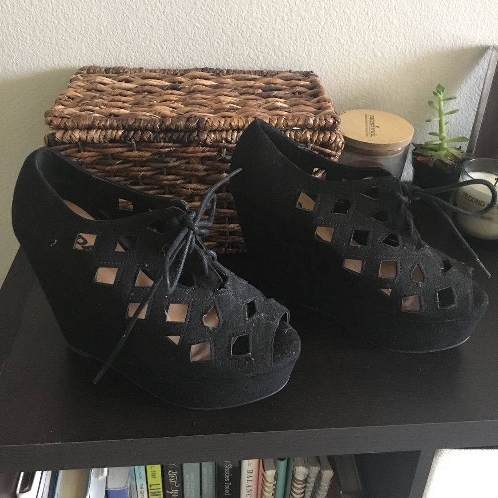 Never worn black suede platform wedges!